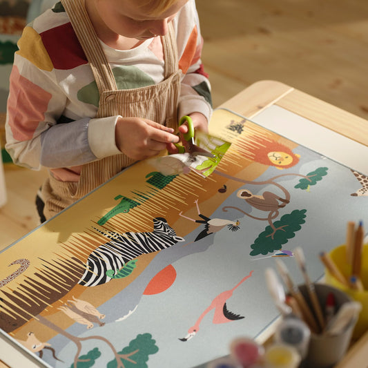 SANDLÖPARE desk pad, multicolour animals on the savannah, 38x60 cm