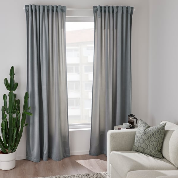 SANDSVINGEL curtains, 1 pair, grey/with heading tape, 135x300 cm