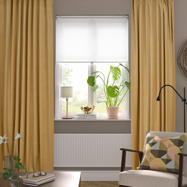 SANELA curtains, 1 pair, beige-yellow/with heading tape, 140x300 cm