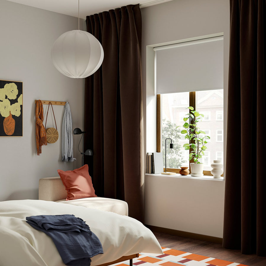 SANELA curtains, 1 pair, dark brown/with heading tape, 140x300 cm