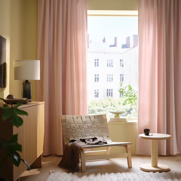 SANELA curtains, 1 pair, pale pink/with heading tape, 140x300 cm
