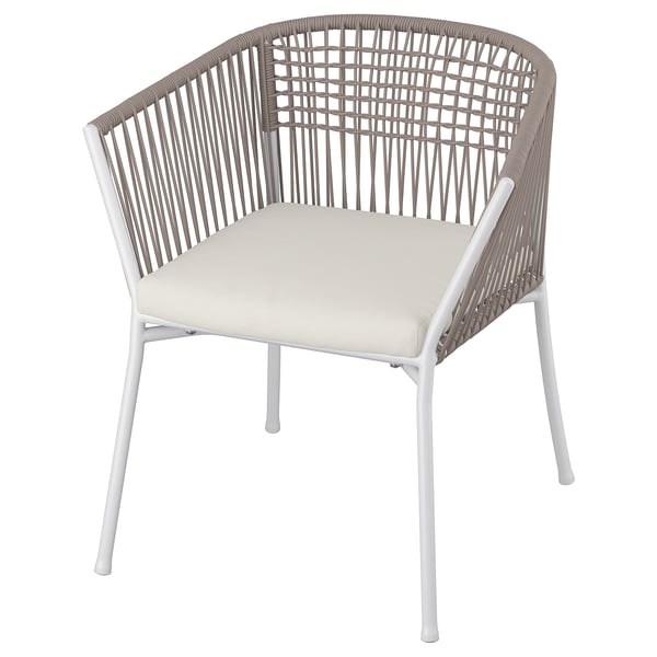 SEGERÖN chair with armrests, outdoor, white/beige/Frösön/Duvholmen beige, 48x73x63 cm