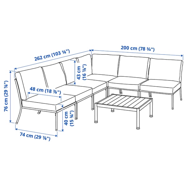 SEGERÖN 5-seat conversation set, outdoor, white/beige/Frösön/Duvholmen beige, 262x76x200 cm