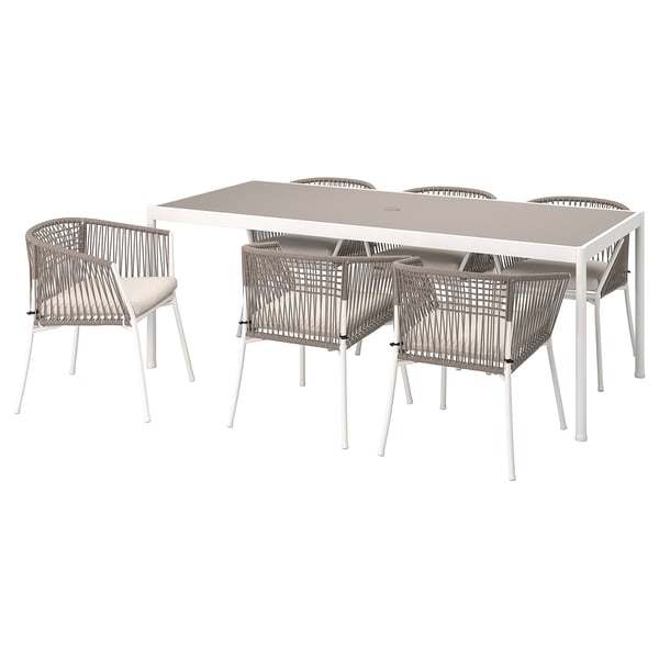 SEGERÖN table+6 chairs w armrests, outdoor, white/beige/Frösön/Duvholmen beige, 212 cm