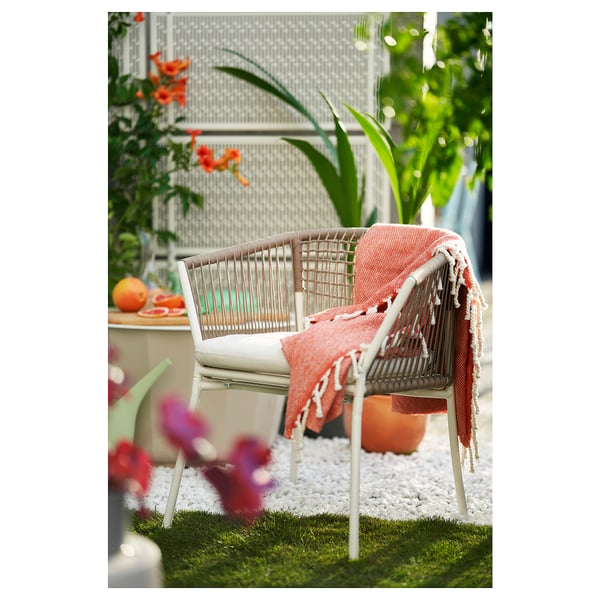 SEGERÖN table+6 chairs w armrests, outdoor, white/beige/Frösön/Duvholmen beige, 147 cm