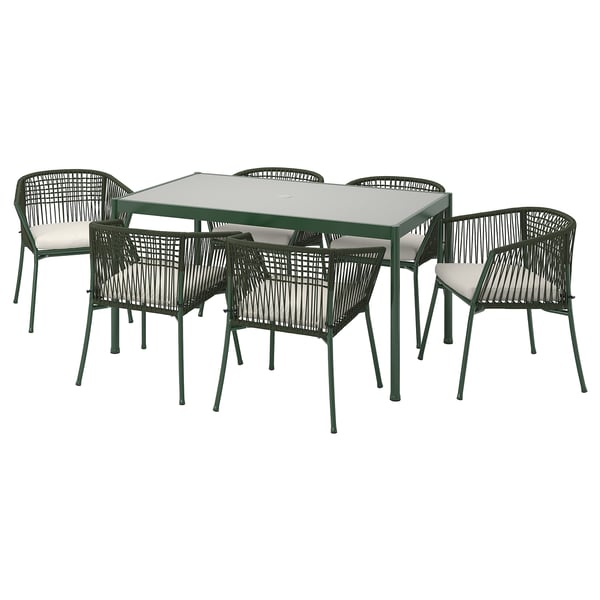 SEGERÖN table+6 chairs w armrests, outdoor, dark green/Frösön/Duvholmen beige, 147 cm