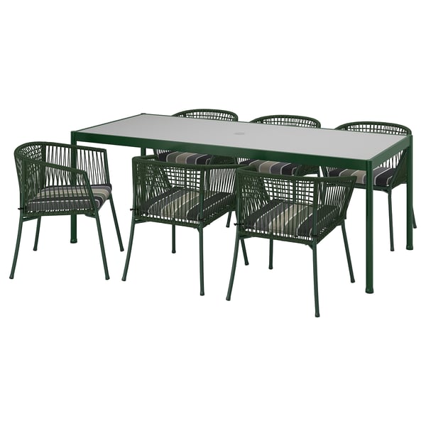 SEGERÖN table+6 chairs w armrests, outdoor, dark green/Frösön/Duvholmen stripe pattern, 212 cm