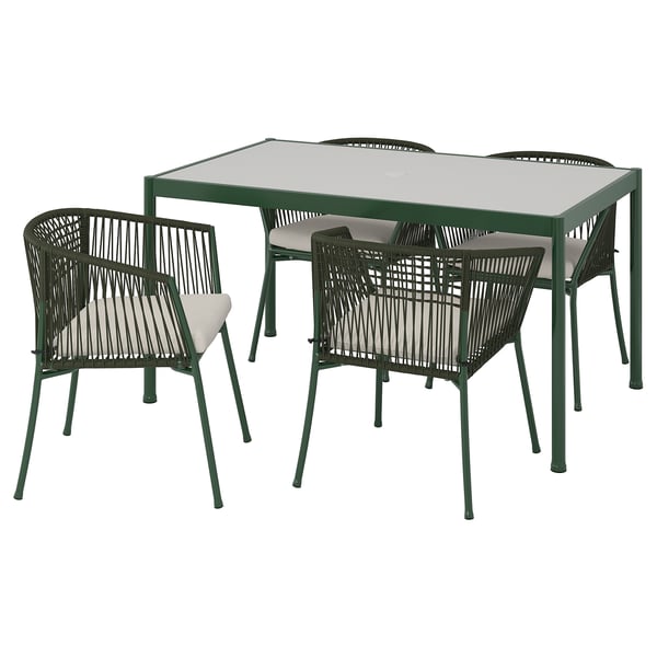 SEGERÖN table and 4 chairs with armrests, outdoor dark green/Frösön/Duvholmen beige, 147 cm