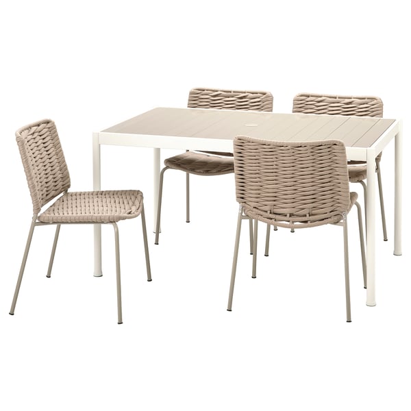SEGERÖN / TEGELÖN table and 4 chairs, outdoor white/beige/beige, 147x91 cm