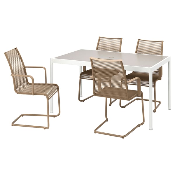 SEGERÖN / VÄSMAN table and 4 chairs with armrests, outdoor white/beige/brown, 147 cm
