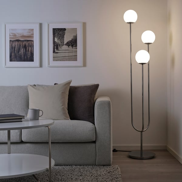 SIMRISHAMN floor lamp, chrome-plated/opal white glass, 30 cm