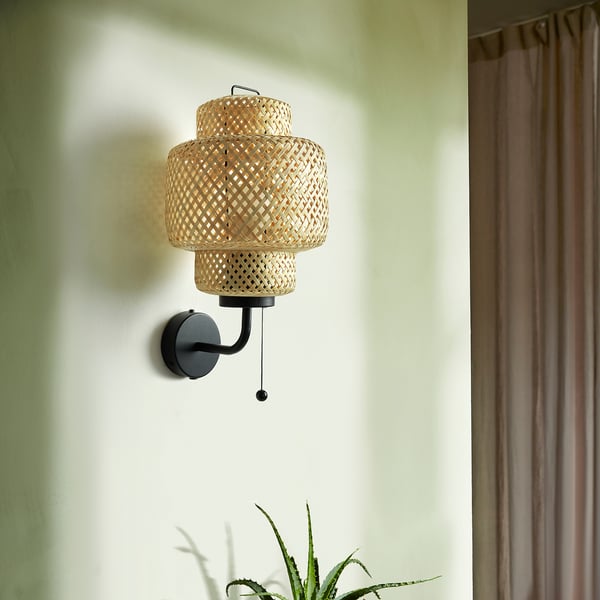 SINNERLIG wall lamp, wired-in installation, bamboo/handmade, 19x34x20 cm