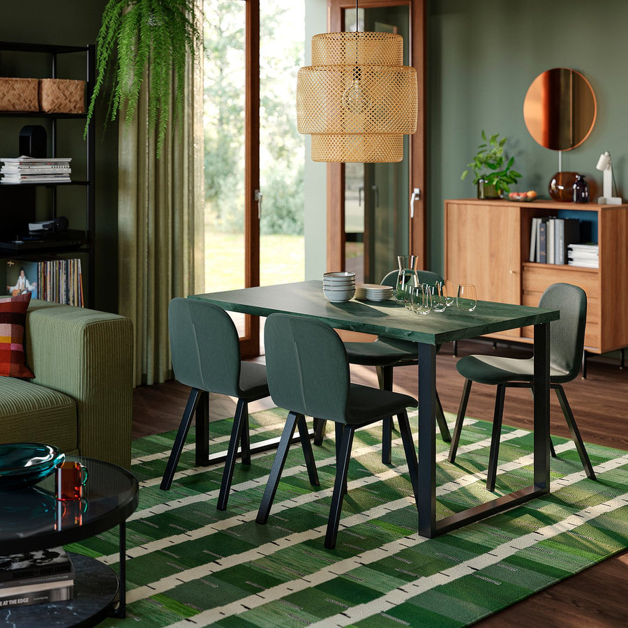 SKÅLSTA table and 4 chairs, dark grey-green marble effect U-shaped black-grey/Knäbäck grey-green profiled metal/black-grey, 140x80 cm