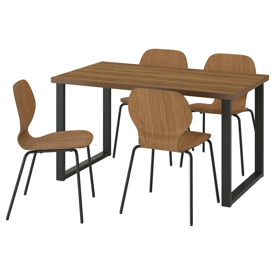 SKÅLSTA table and 4 chairs, walnut effect U-shaped black-grey/walnut veneer tubular metal/black-grey, 140x80 cm
