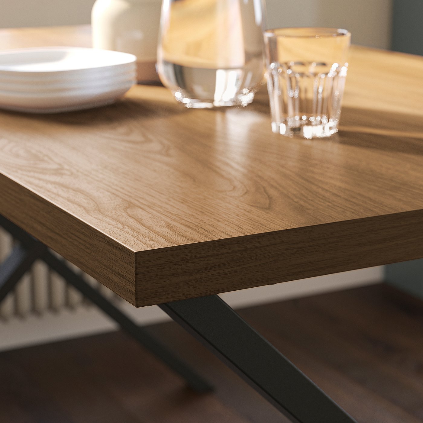 SKÅLSTA table and 4 chairs, walnut effect X-shaped black-grey/walnut veneer profiled metal/black-grey, 140x80 cm