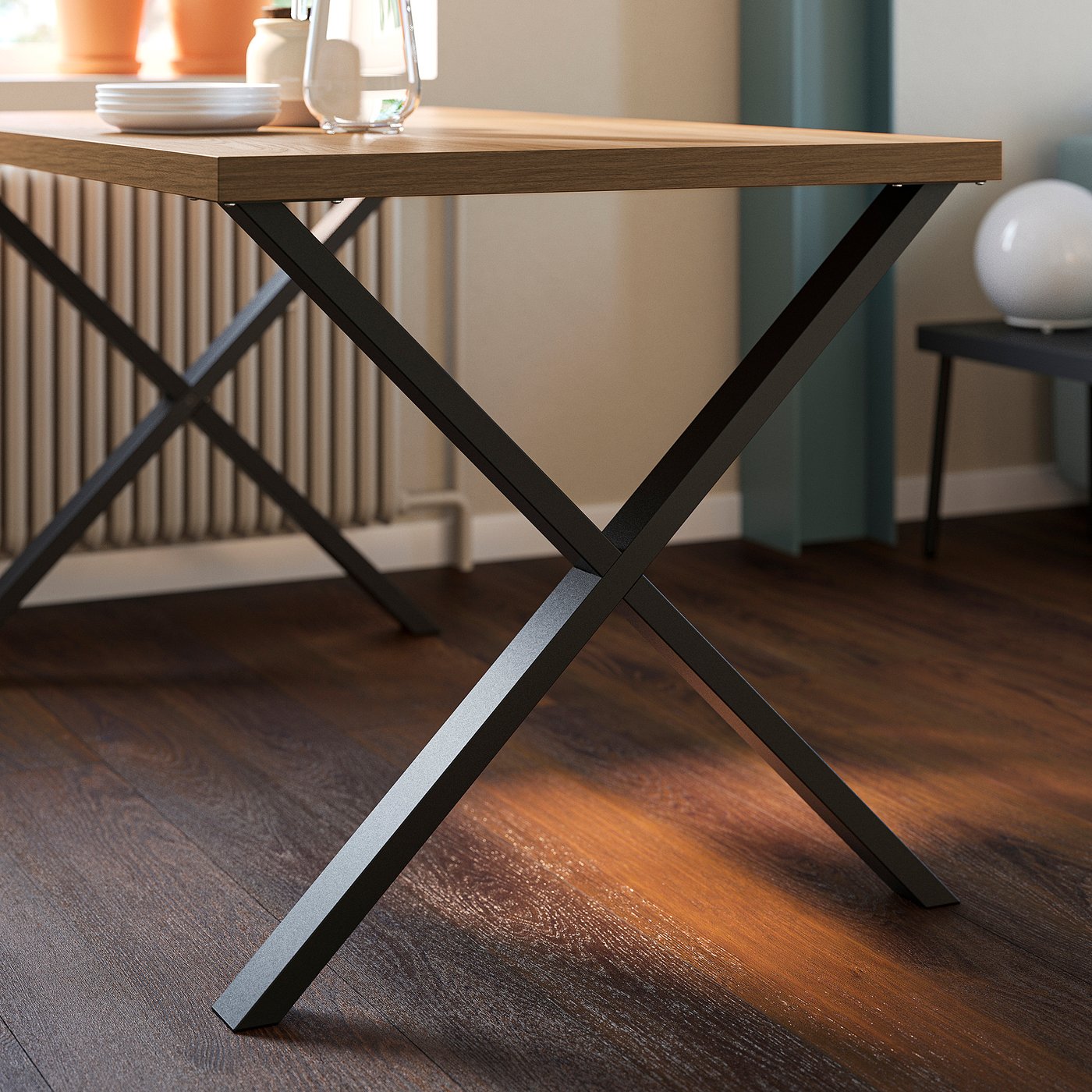 SKÅLSTA table and 4 chairs, walnut effect X-shaped black-grey/Knäbäck dark grey profiled metal/black-grey, 140x80 cm