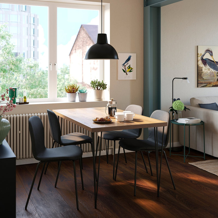 SKÅLSTA table and 4 chairs, walnut effect hairpin black-grey/Knäbäck dark grey tubular metal/black-grey, 140x80 cm