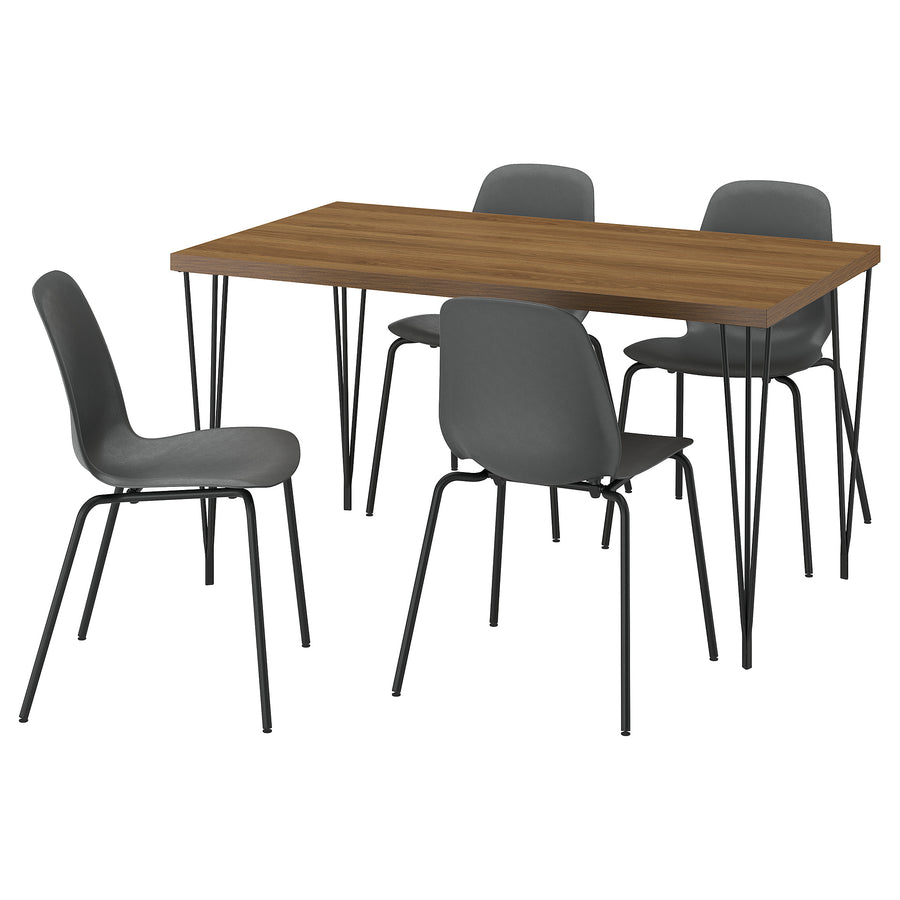 SKÅLSTA table and 4 chairs, walnut effect hairpin black-grey/plastic black tubular metal/black-grey, 140x80 cm