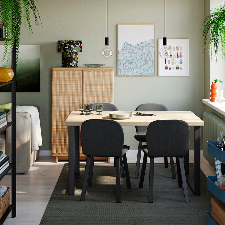 SKÅLSTA table and 4 chairs, oak effect U-shaped black-grey/Knäbäck dark grey profiled metal/black-grey, 140x80 cm