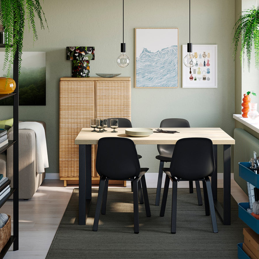 SKÅLSTA table and 4 chairs, oak effect U-shaped black-grey/plastic black profiled metal/black-grey, 140x80 cm