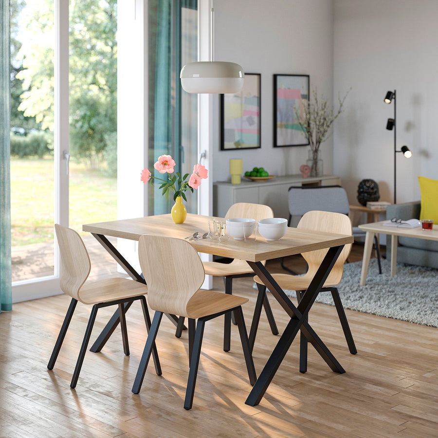SKÅLSTA table and 4 chairs, oak effect X-shaped black-grey/oak veneer profiled metal/black-grey, 140x80 cm