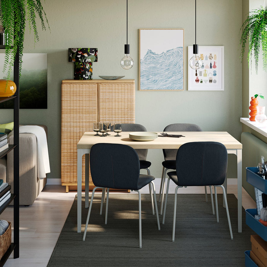 SKÅLSTA table and 4 chairs, oak effect straight light grey-beige/Knäbäck dark grey tubular metal/light grey-beige, 140x80 cm