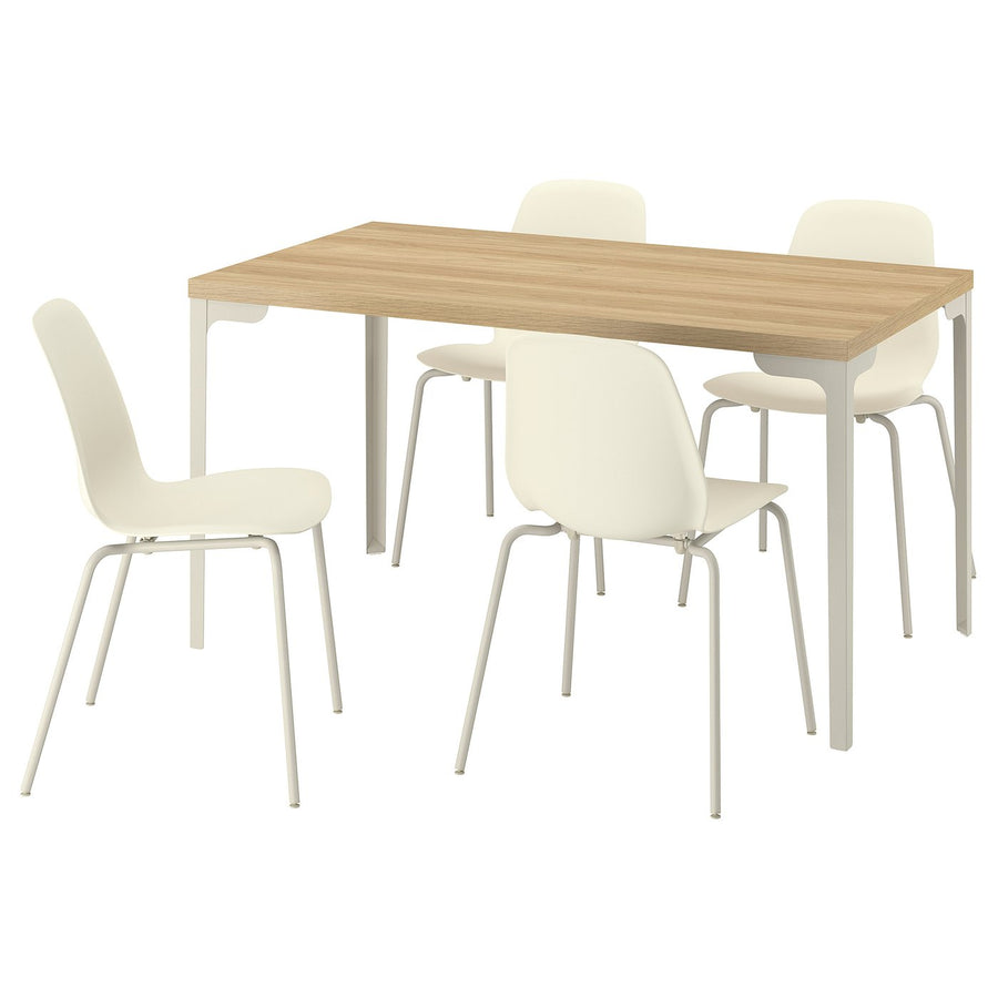 SKÅLSTA table and 4 chairs, oak effect straight light grey-beige/plastic beige tubular metal/light grey-beige, 140x80 cm