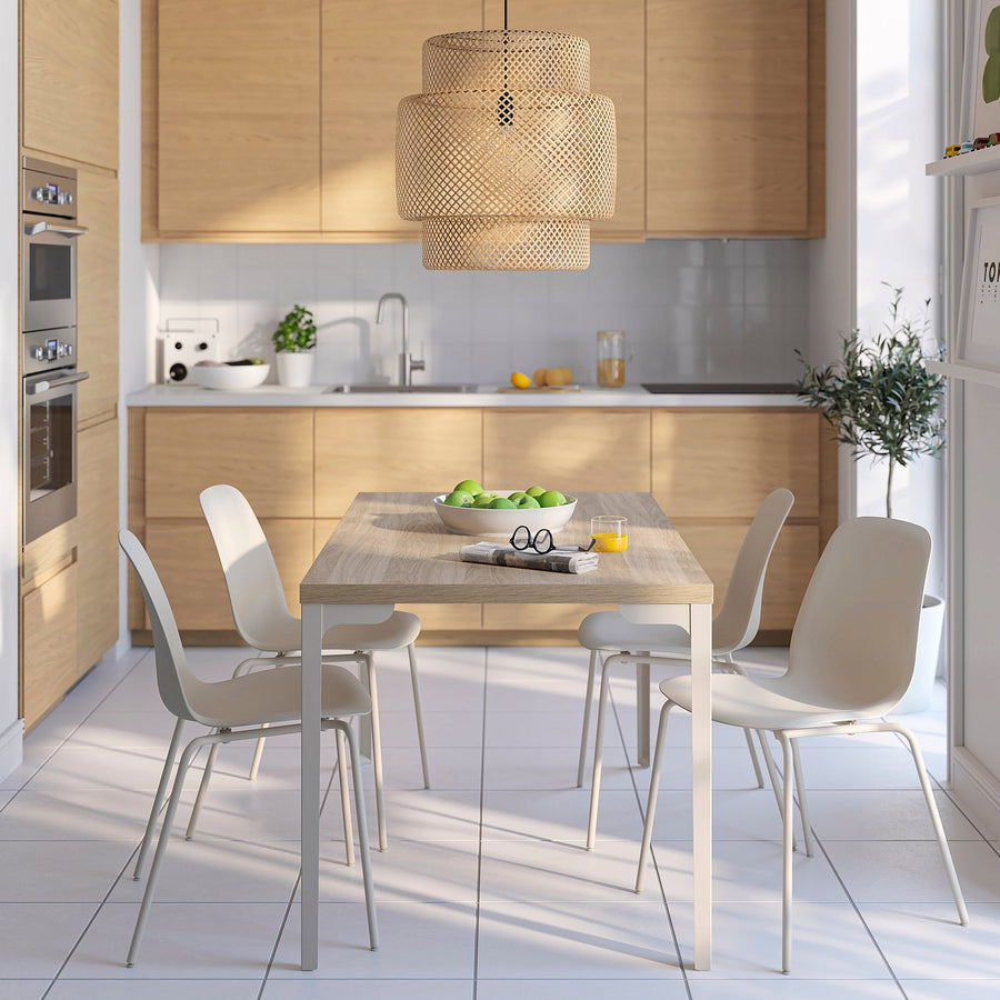 SKÅLSTA table and 4 chairs, oak effect straight light grey-beige/plastic beige tubular metal/light grey-beige, 140x80 cm