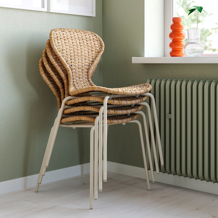 SKÅLSTA table and 4 chairs, oak effect straight light grey-beige/rattan tubular metal/light grey-beige, 140x80 cm