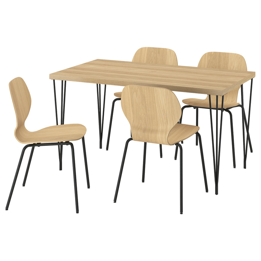 SKÅLSTA table and 4 chairs, oak effect hairpin black-grey/oak veneer tubular metal/black-grey, 140x80 cm