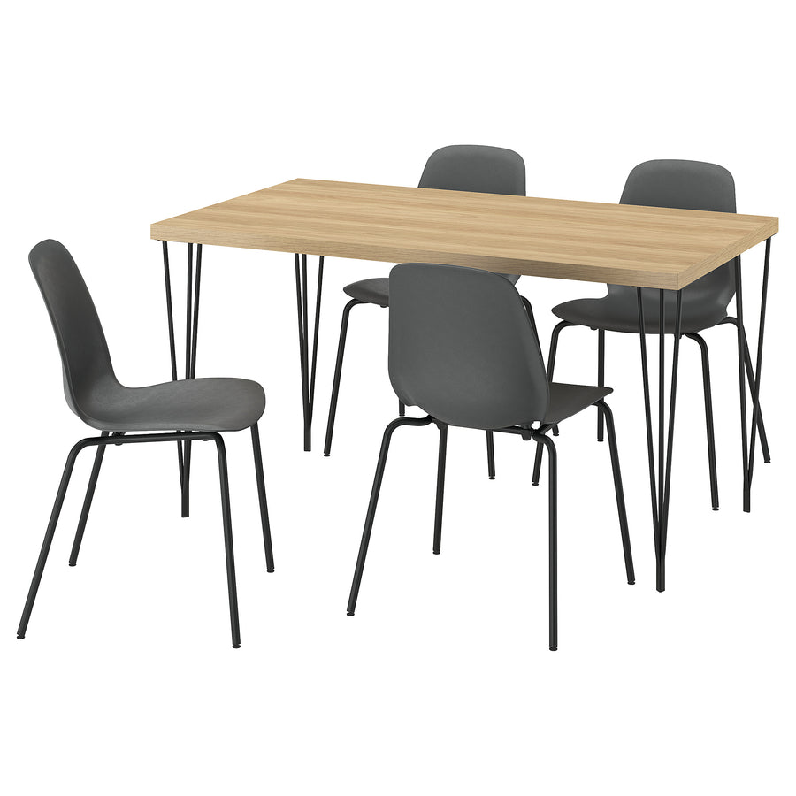 SKÅLSTA table and 4 chairs, oak effect hairpin black-grey/plastic black tubular metal/black-grey, 140x80 cm