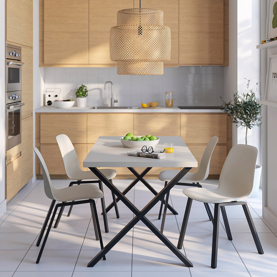 SKÅLSTA table and 4 chairs, light grey-beige X-shaped black-grey/plastic beige profiled metal/black-grey, 140x80 cm
