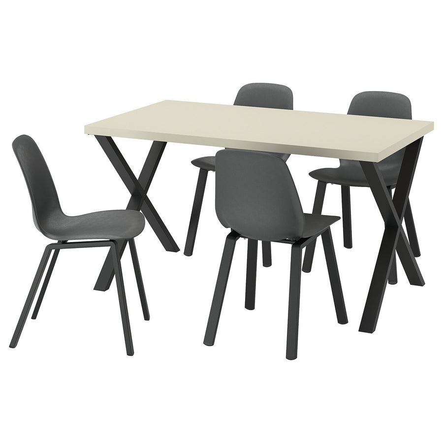 SKÅLSTA table and 4 chairs, light grey-beige X-shaped black-grey/plastic black profiled metal/black-grey, 140x80 cm