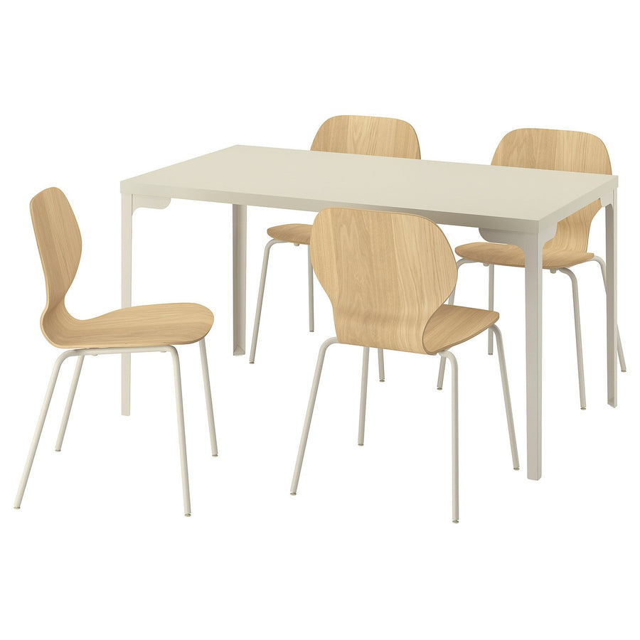 SKÅLSTA table and 4 chairs, light grey-beige straight light grey-beige/oak veneer tubular metal/light grey-beige, 140x80 cm