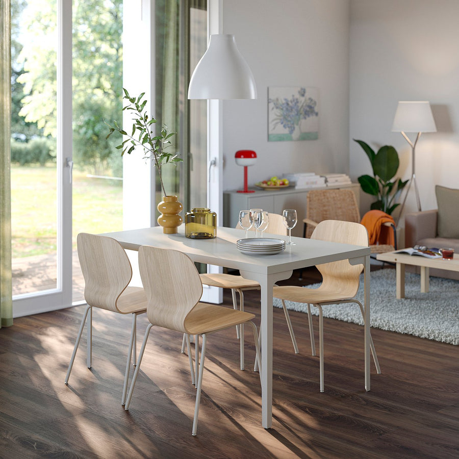 SKÅLSTA table and 4 chairs, light grey-beige straight light grey-beige/oak veneer tubular metal/light grey-beige, 140x80 cm