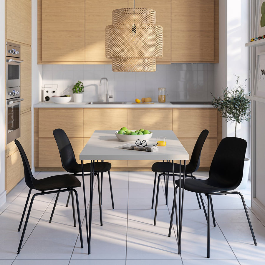 SKÅLSTA table and 4 chairs, light grey-beige hairpin black-grey/plastic black tubular metal/black-grey, 140x52 cm