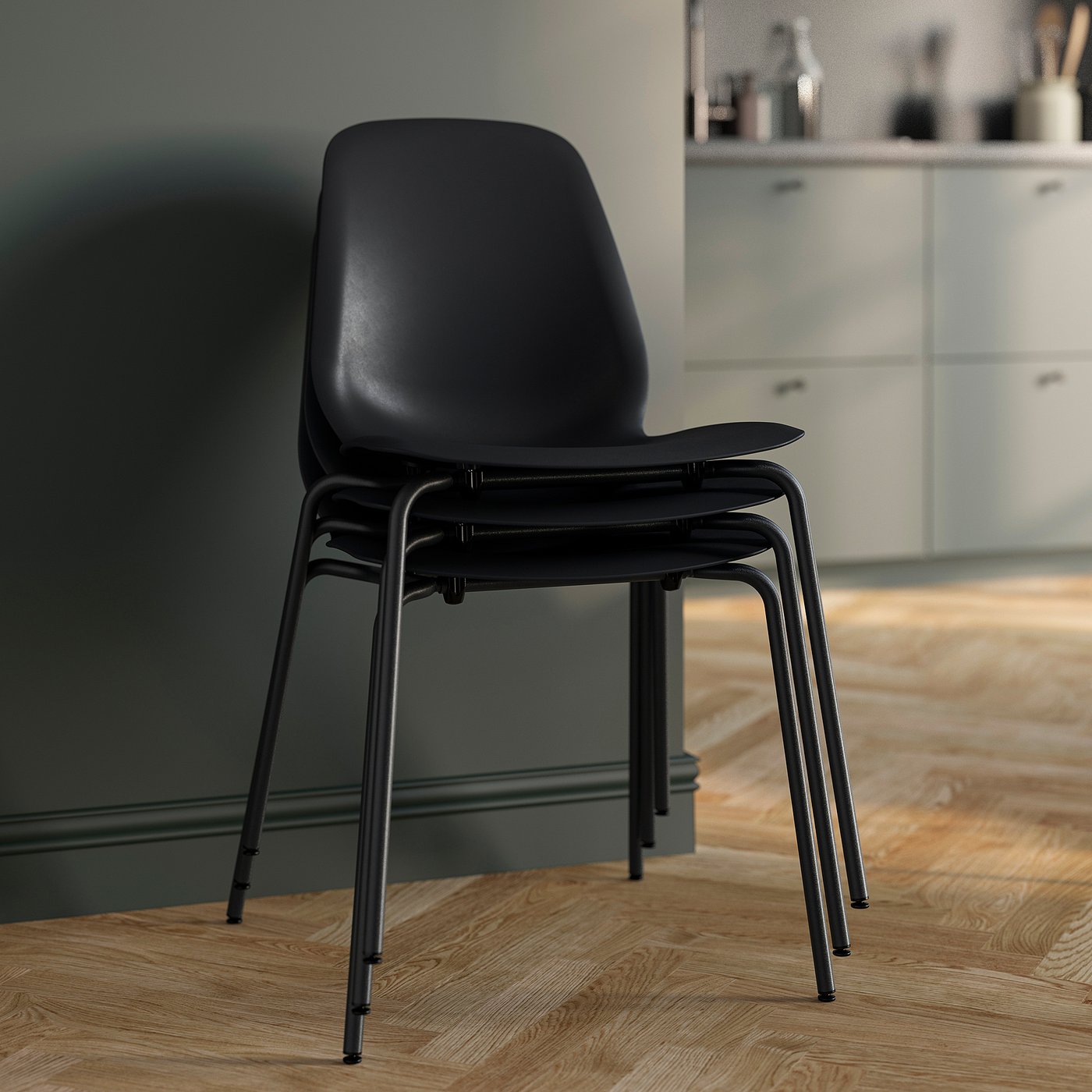 SKÅLSTA table and 4 chairs, walnut effect U-shaped black-grey/plastic black tubular metal/black-grey
