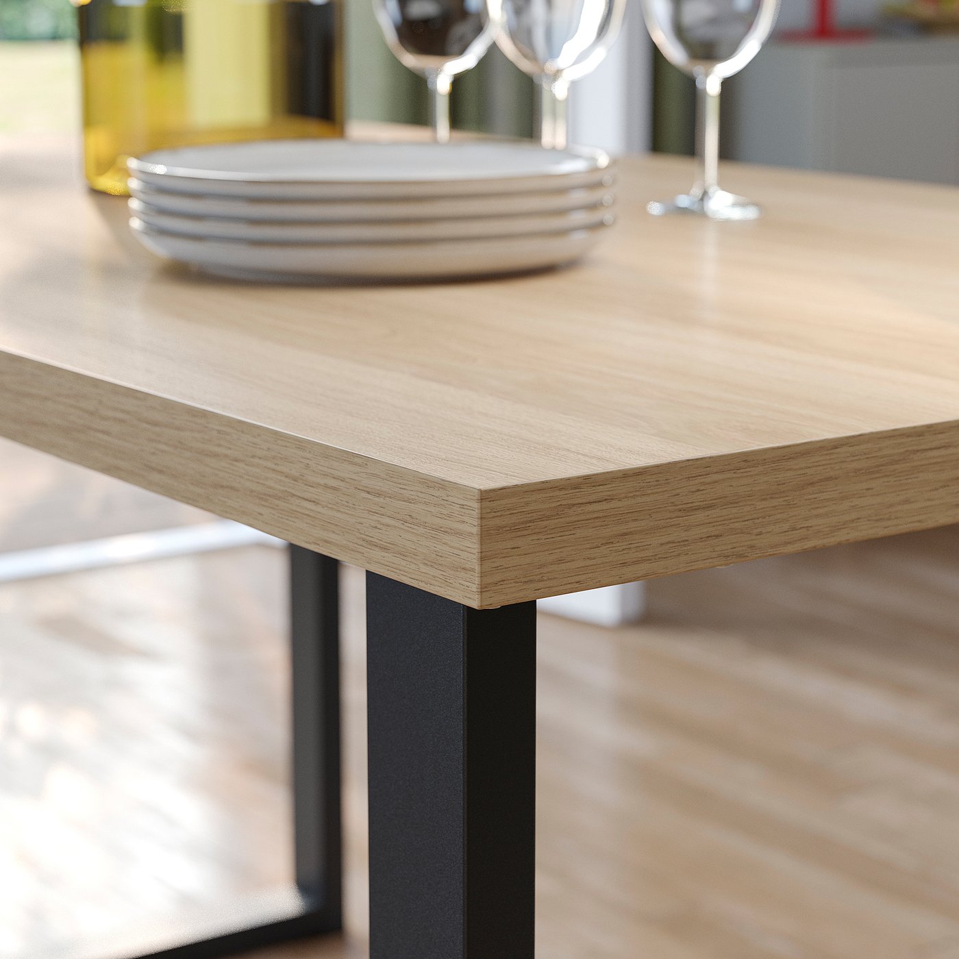 SKÅLSTA table and 4 chairs, oak effect U-shaped black-grey/oak veneer tubular metal/black-grey, 140x80 cm