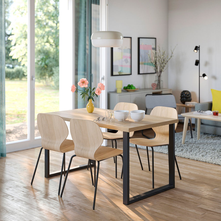 SKÅLSTA table and 4 chairs, oak effect U-shaped black-grey/oak veneer tubular metal/black-grey, 140x80 cm