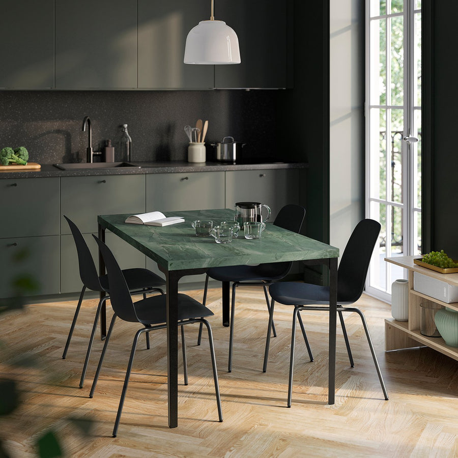 SKÅLSTA table, dark grey-green marble effect/straight black-grey, 140x80 cm
