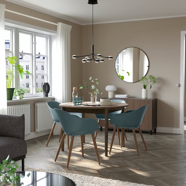 SKANSNÄS / GRÖNSTA table and 4 chairs, with armrest brown/turquoise, 115/170 cm