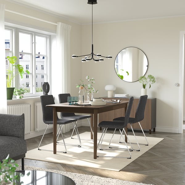 SKANSNÄS / LILLÅNÄS table and 4 chairs, brown beech/chrome-plated Gunnared dark grey, 150/205 cm