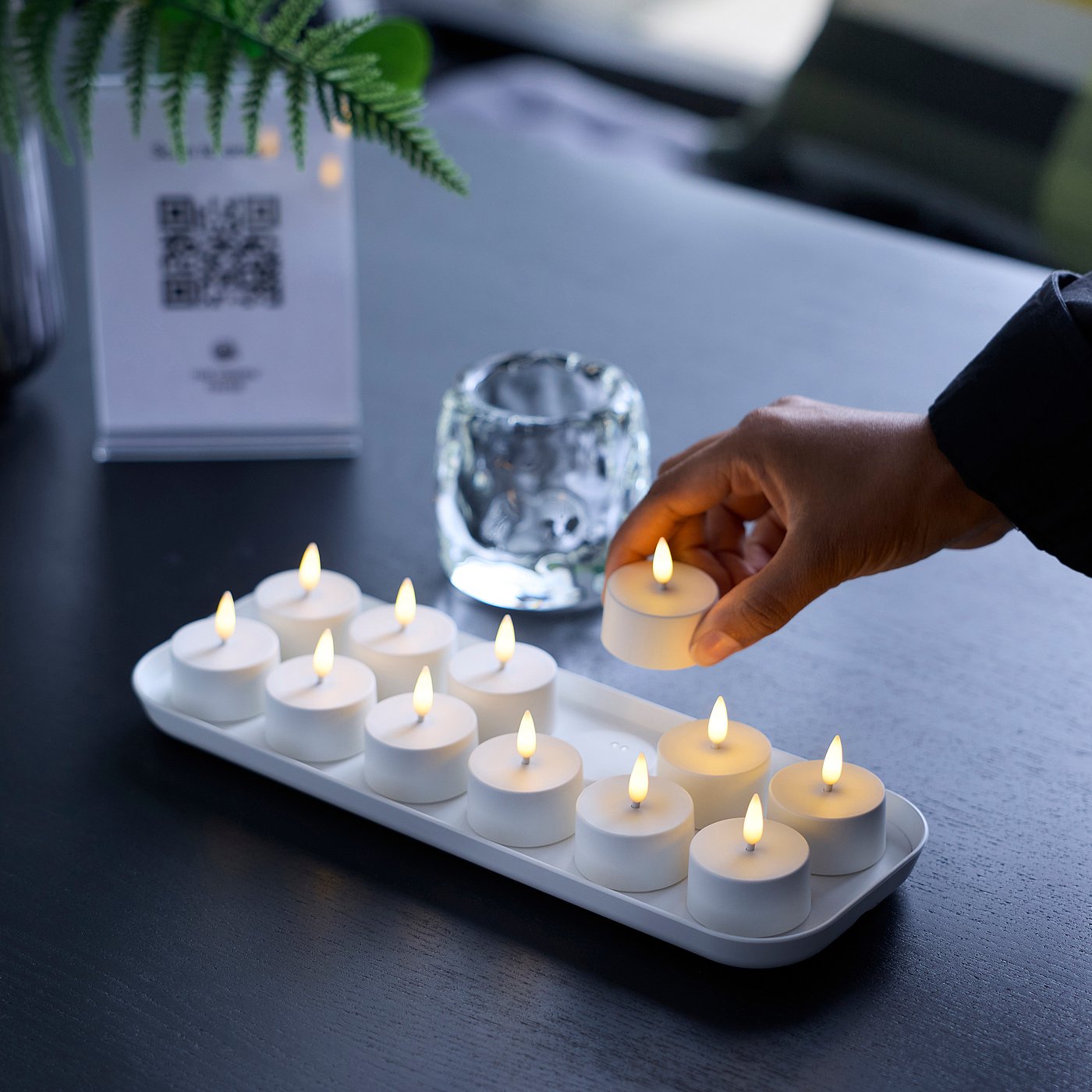 SKATGÅS LED tealight kit, with charging tray white, 29x11 cm