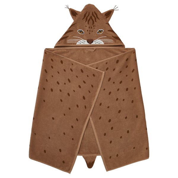 SKOGSDUVA towel with hood, lynx shaped/brown, 70x140 cm