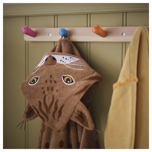 SKOGSDUVA towel with hood, lynx shaped/brown, 70x140 cm
