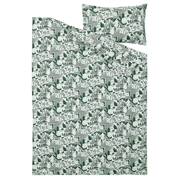 Ikea SKOGSDUVA - Duvet cover and pillowcase, white green/forest pattern, 150x200/50x80 cm