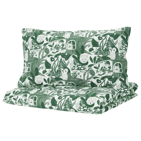 SKOGSDUVA duvet cover and pillowcase, white green/forest pattern, 150x200/50x80 cm