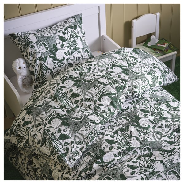 SKOGSDUVA duvet cover and pillowcase, white green/forest pattern, 150x200/50x80 cm