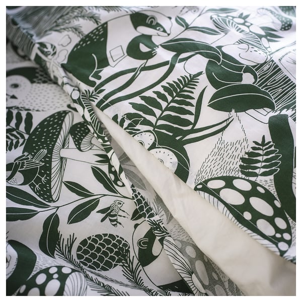 SKOGSDUVA duvet cover and pillowcase, white green/forest pattern, 150x200/50x80 cm