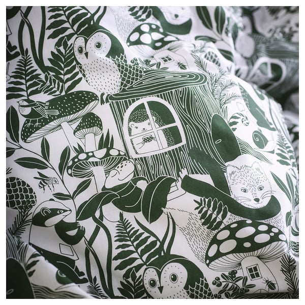 SKOGSDUVA duvet cover and pillowcase, white green/forest pattern, 150x200/50x80 cm